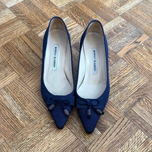 Manolo Blahnik Dark Blue Kitten Heal with Bow